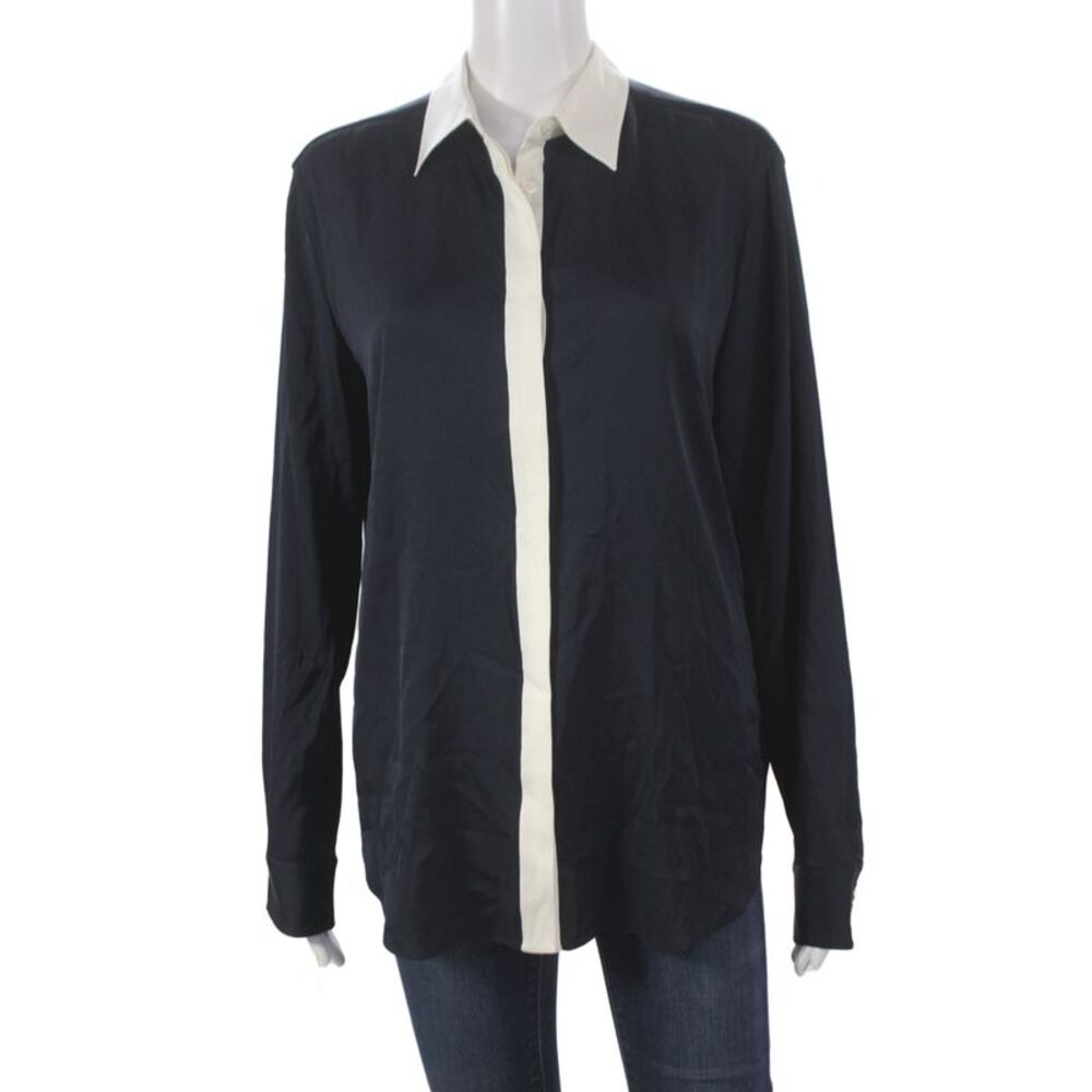 Lily Silk Women Collared Colorblock Mulberry Silk Long Sleeve Blouse Size L